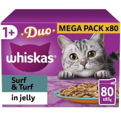 Whiskas 1+ Duo Surf and Turf Adult Wet Cat Food Pouches in Jelly 80 Pack