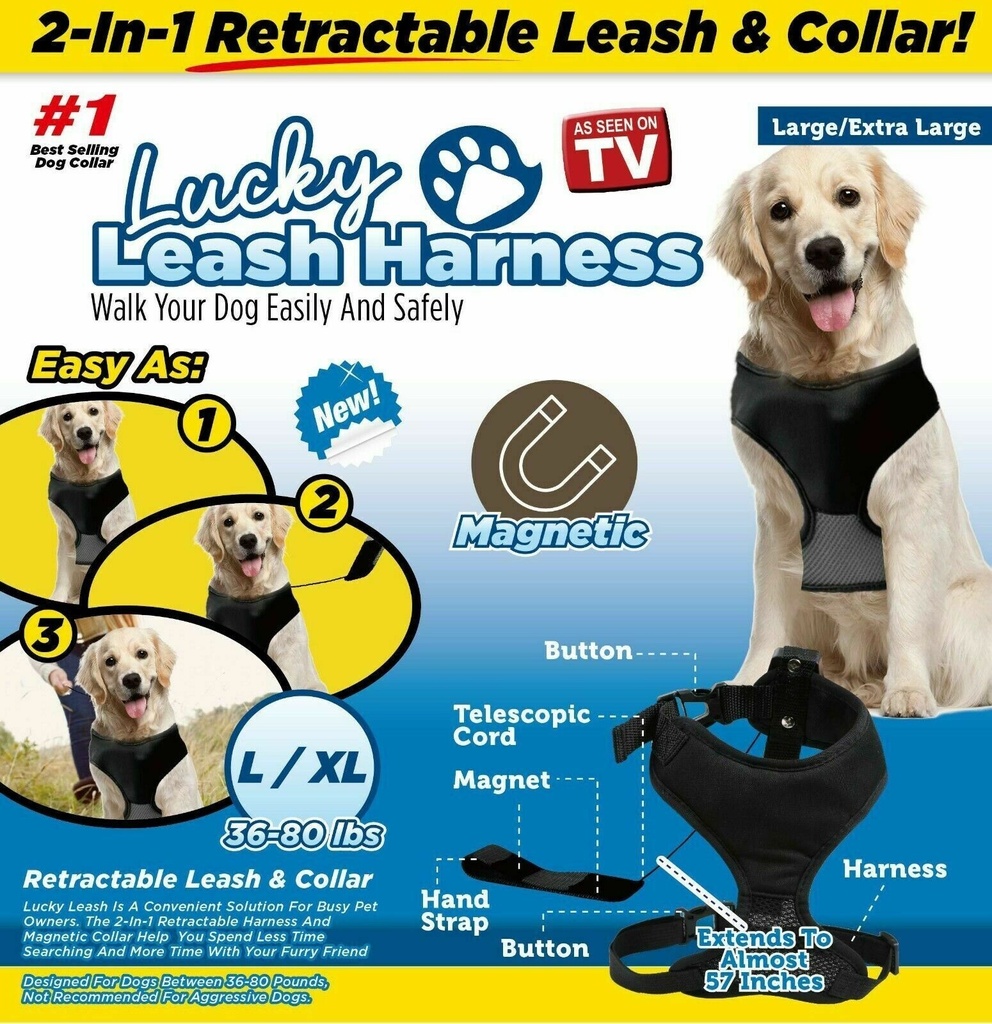 Lucky Leash Harness Magnetic 2-In-1 Retractable Leash Size /
